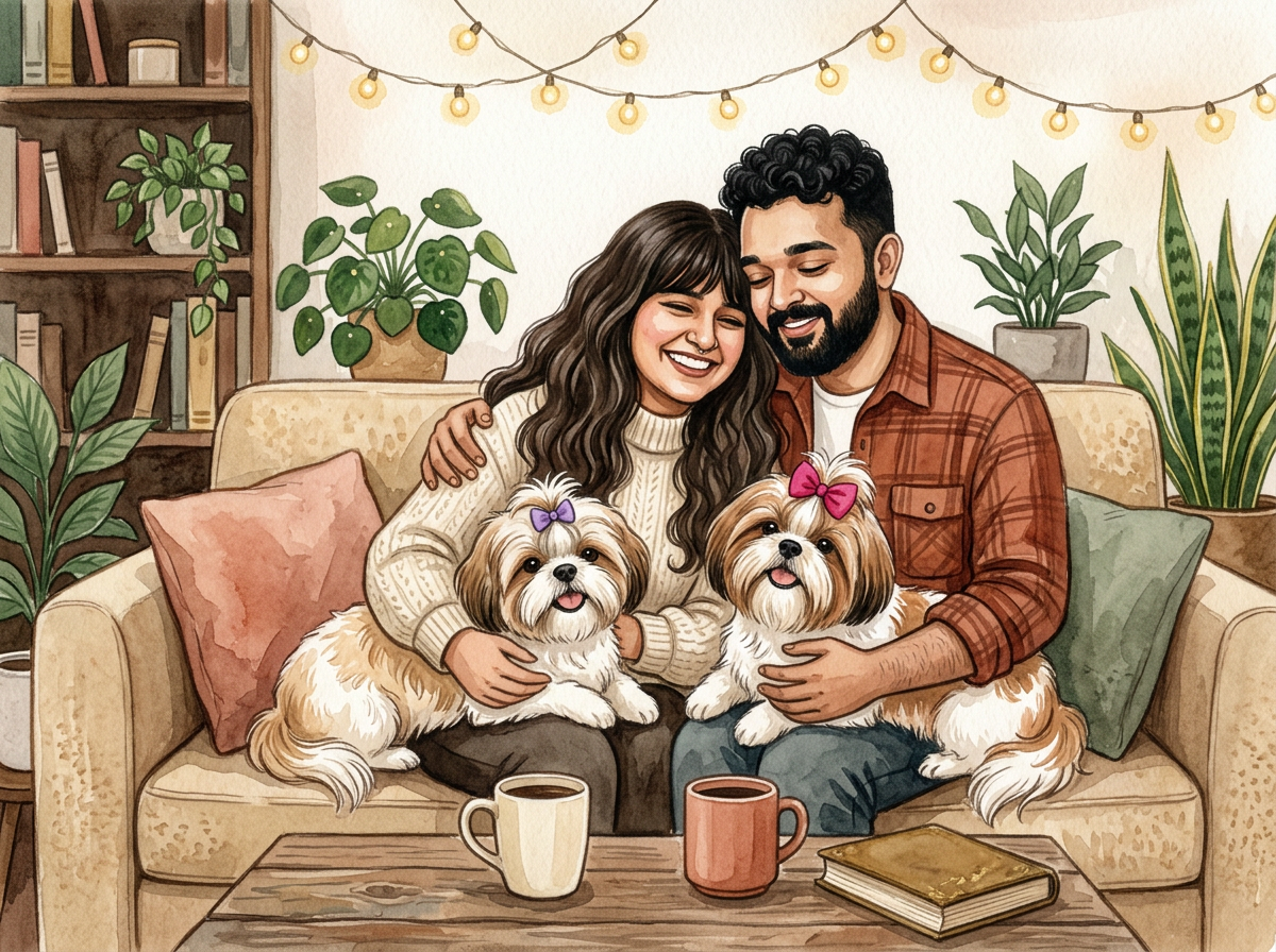 Watercolor portrait of Aishwarya and Santosh at home with Ziyana and Ziggy