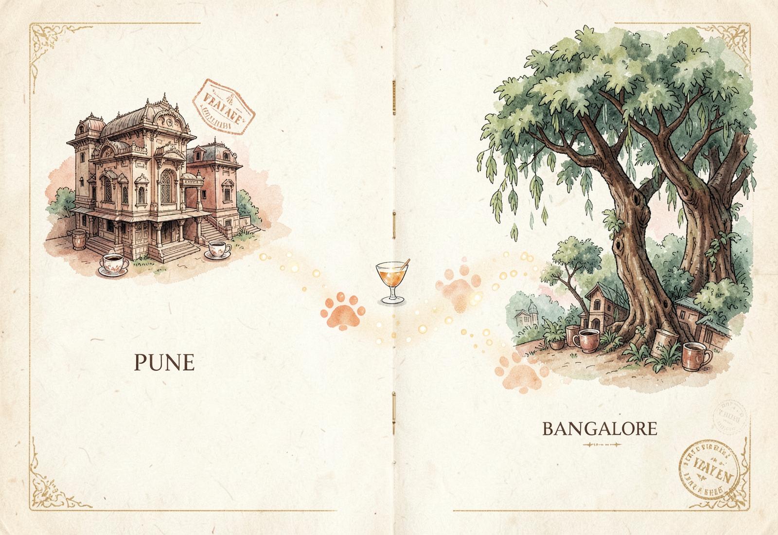 Watercolor map tracing a paw-print route from Pune to Bangalore