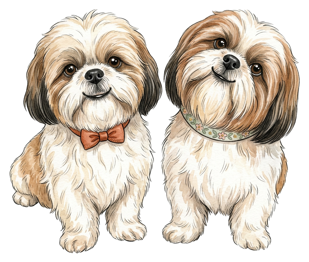 Watercolor portraits of Ziyana and Ziggy, the Shih Tzu hosts